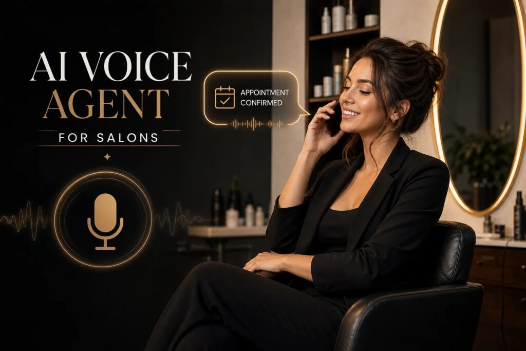 A salon owner smiling on a phone call, with the words AI voice agent for salons and an appointment confirmed message